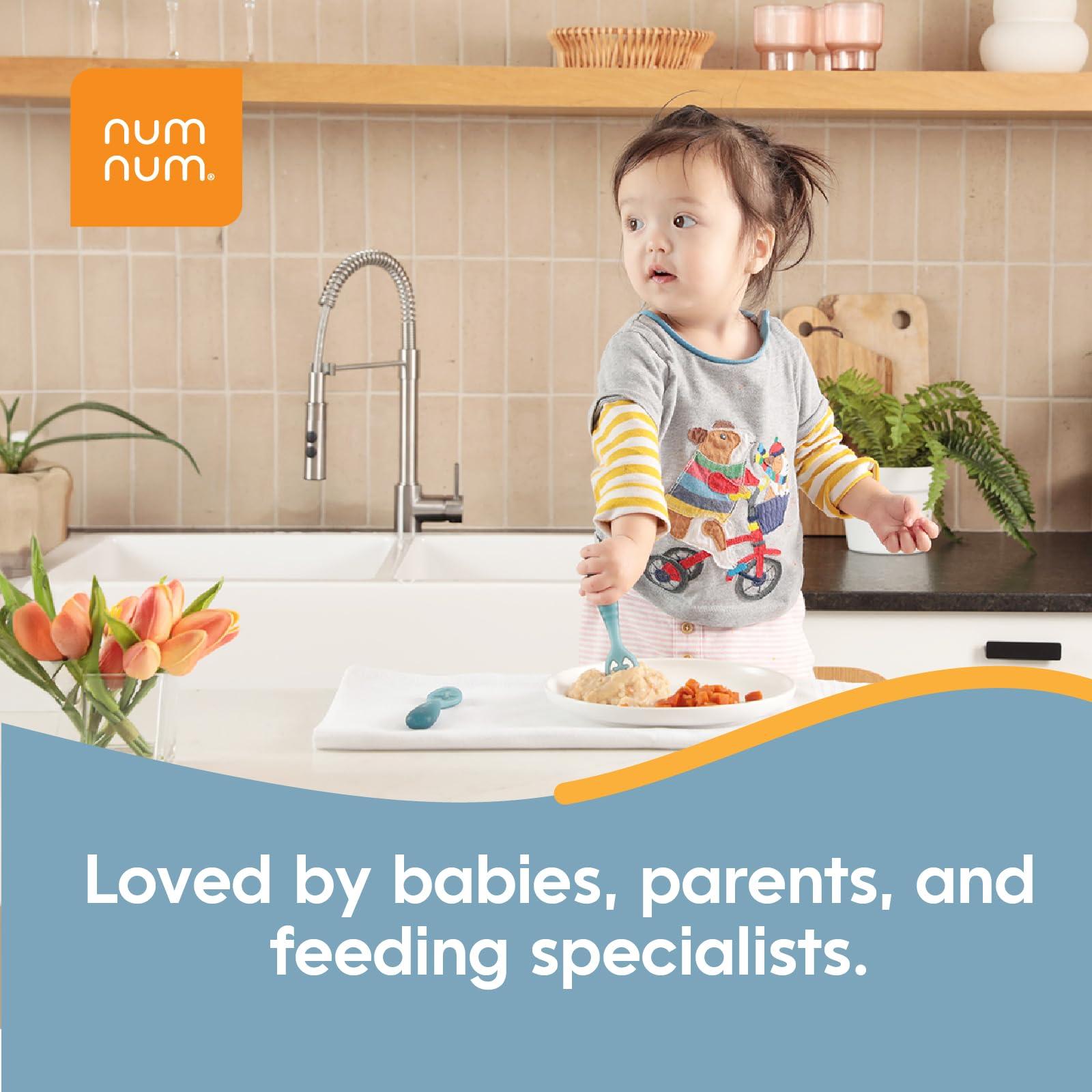 NumNum NumNum Baby Spoons Set, Baby Essentials Pre-Spoon GOOtensils for 6+ Months, First Stage Self-Feeding Spoons for Baby Led Weaning (BLW), Silicone Toddler Utensils, BPA-Free, 4 Pack Blue