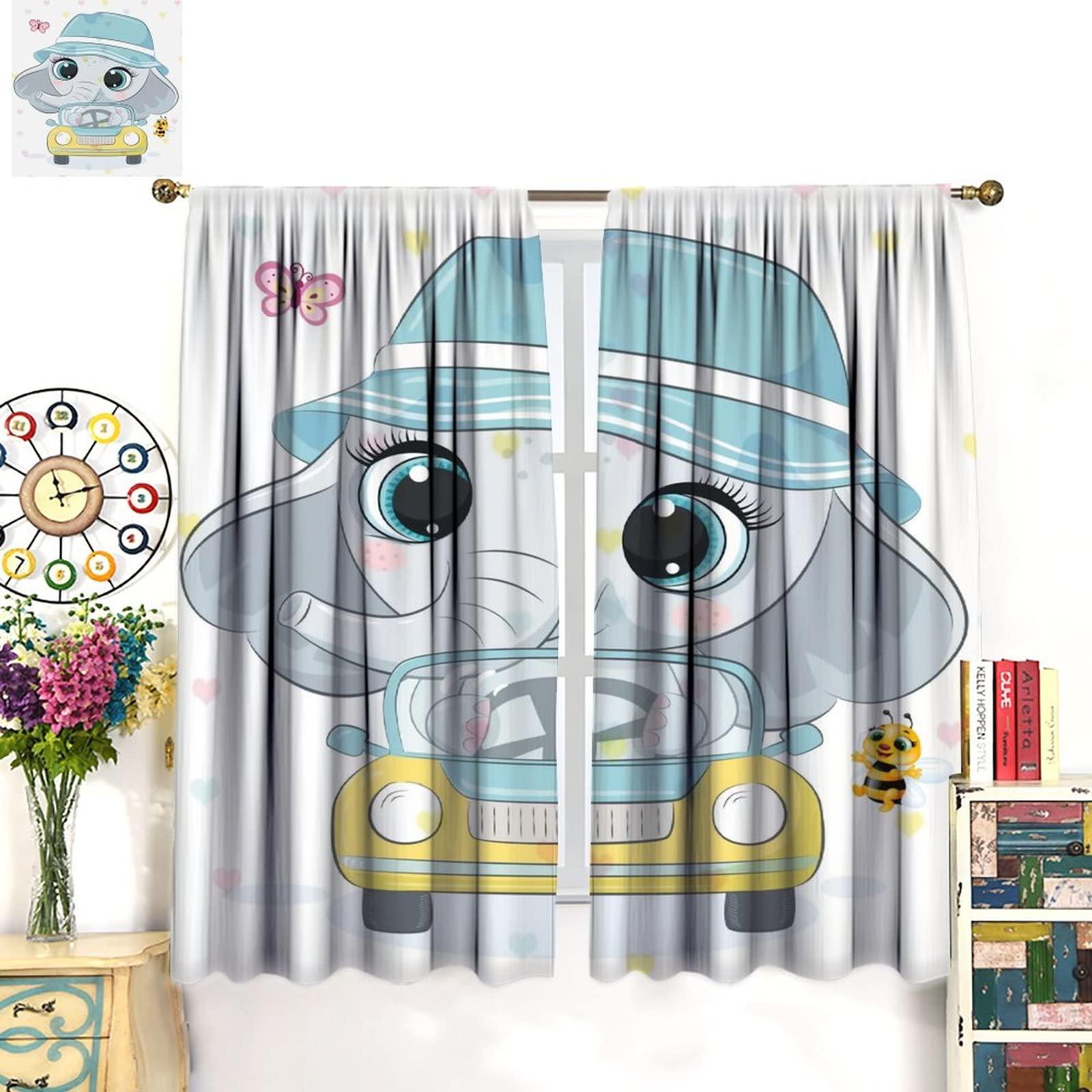 Denruny Cartoon Cute Elephant Curtain Nursery Baby Elephant with Hat Driving Windows Drapes for Nursery Room Kids Room Gifts for Boys and Girls Rod Pocket 2 Panels 21W x 54L