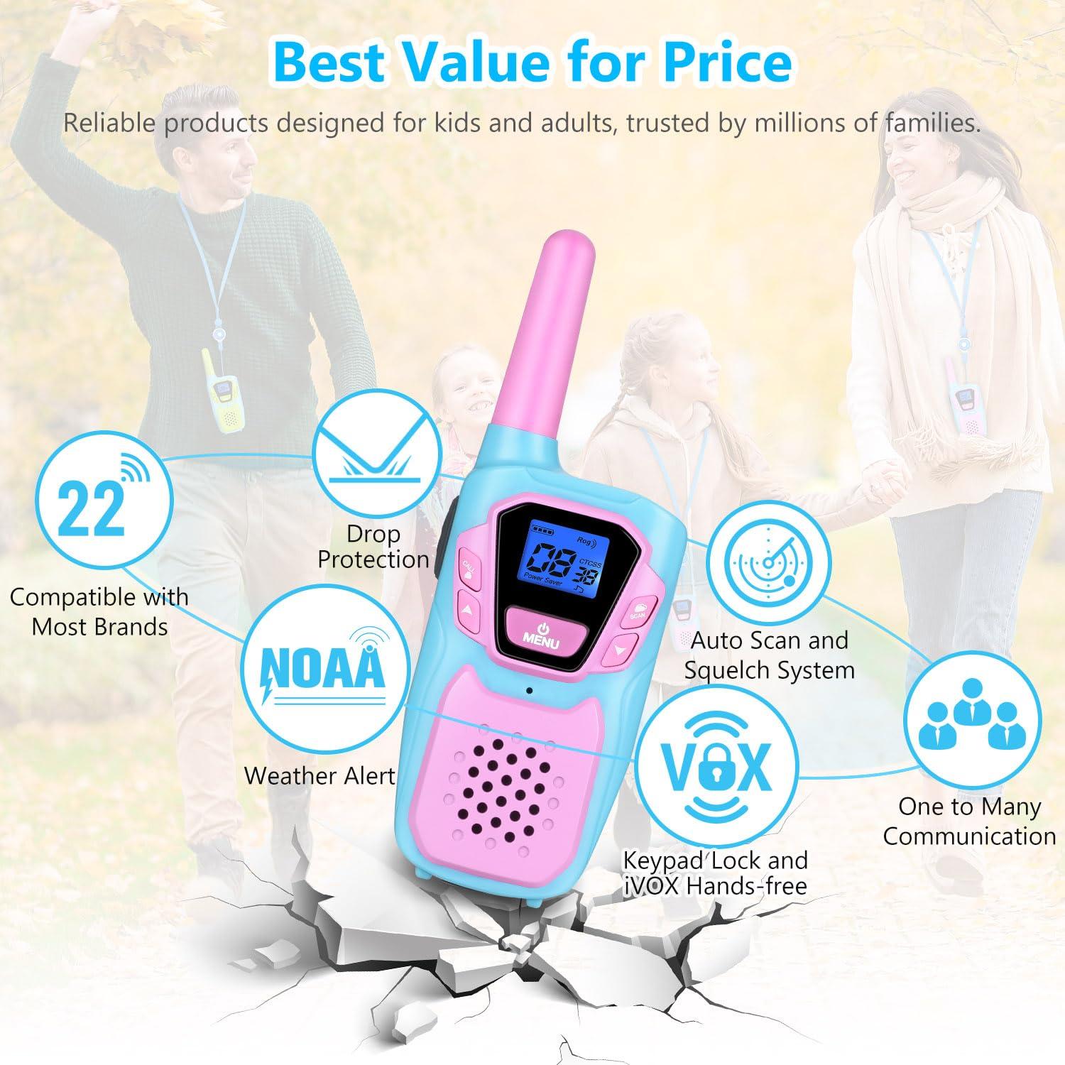 Topsung Topsung Walkie Talkies for Kids Long Range Rechargeable 4 Miles NOAA Walkie-Talkies for Adults Seniors Toddlers Boys Girls Teens 3 Pack, Family Pink 2 Way Radio Toy for Adventure Camping Skiing Cruise