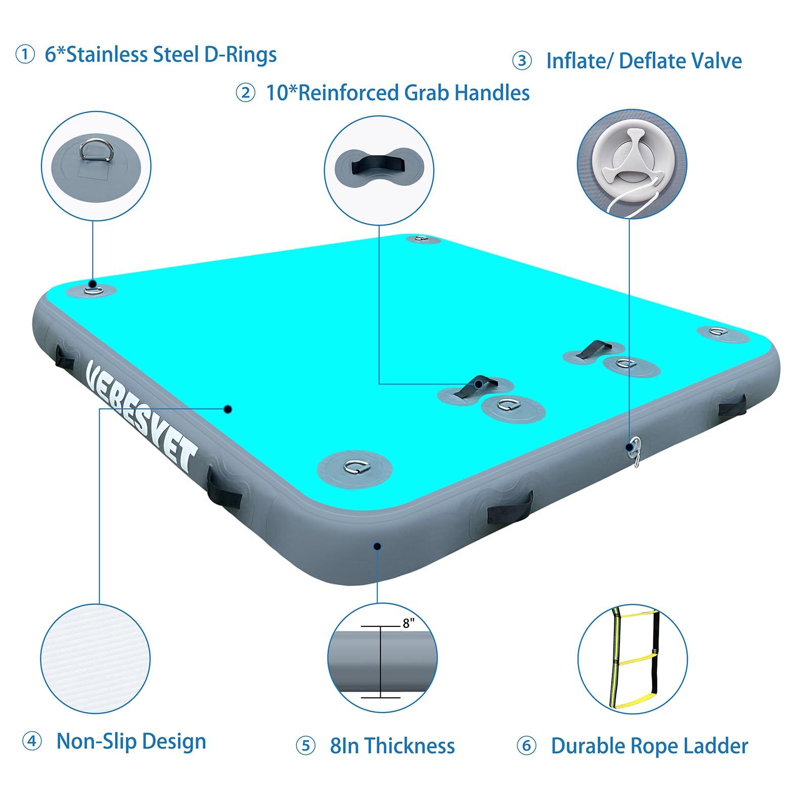 VEBESYET VEBESYET Inflatable Floating Dock Platform, 8ft 6.6ft 8" Inflatable Dock Floats Multi Person Floating Island Raft for Lake Pool Beach Ocean