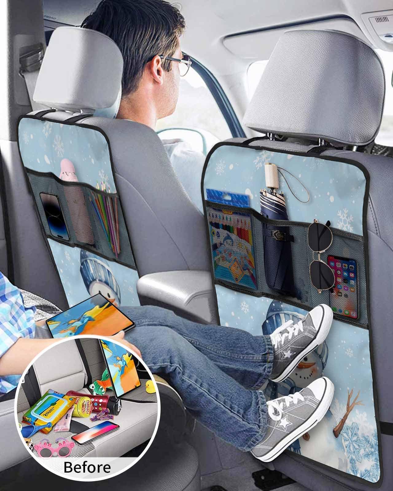 T&H XHome Car Seat Protector, 2 Pack Kick Mats with Organizer - 3 Pocket Storage, Blue Christmas Snowman Striped Cap and Scarf Snowflake Back Seat Cover for Kids Universal Fit Automotive Interior Protectors