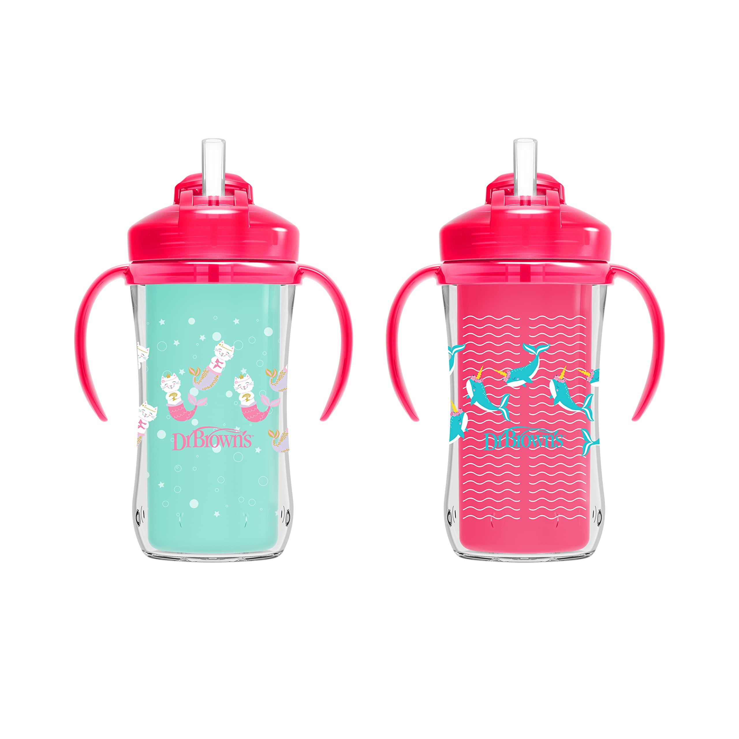 Dr. Brown\'s Dr. Brown's Milestones Insulated Sippy Cup with Straw and Handles, Pink, 10oz, 2 Pack, 12m+ & Milestones Narrow Sippy Straw Bottle with 100% Silicone Handles, 8oz/250mL, Pink, 1 Pack, 6m+
