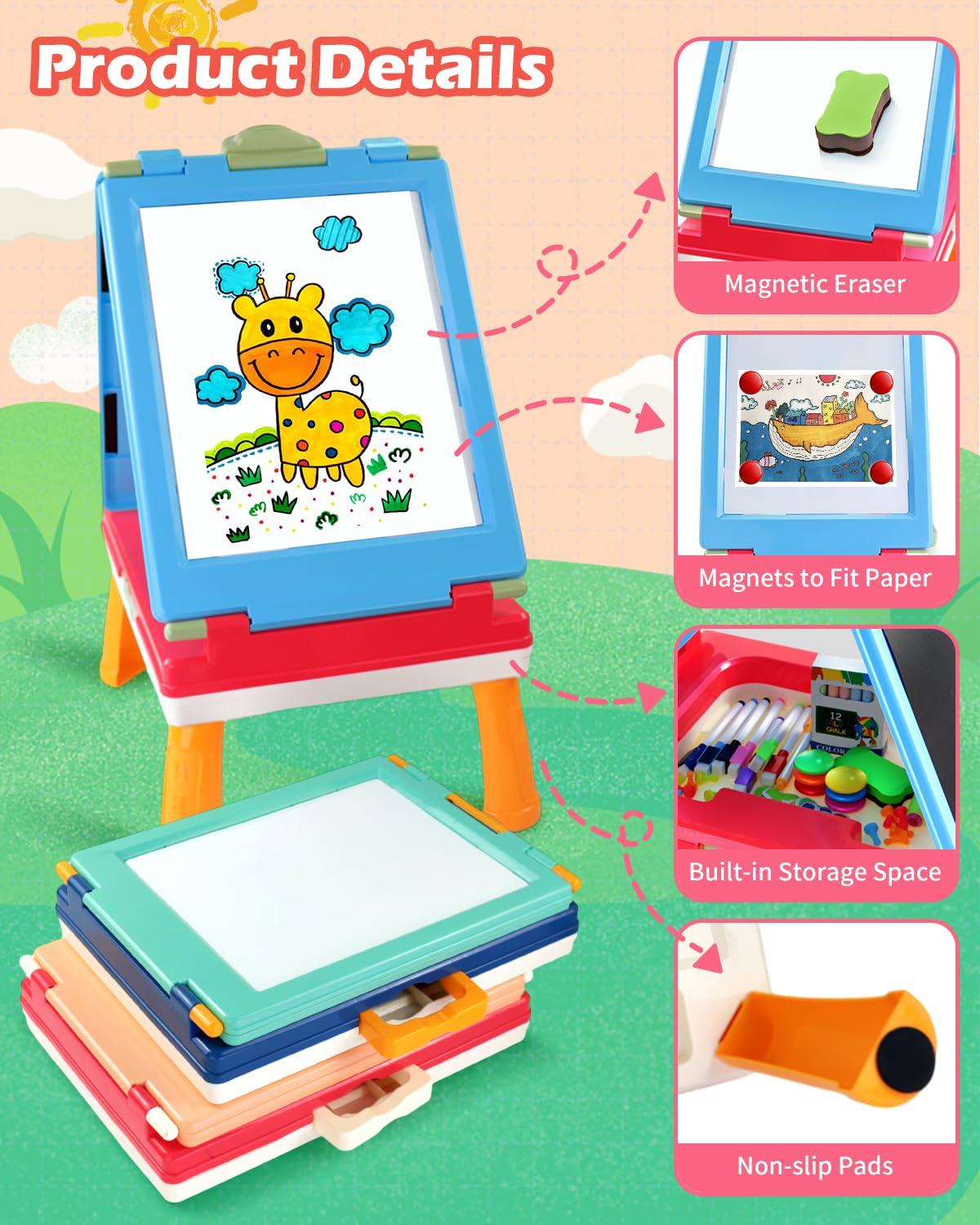 Elovien Elovien Tabletop Easel for Kids, Foldable Art Easel for Toddler,Double Sided Kids Easel with Chalkboard & Magnetic Dry Erase Board,Height Adjustable Desktop Easel, Educational Gift for Girls(Pink)