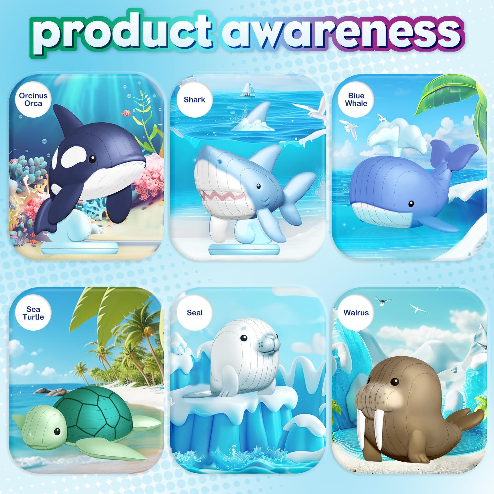 LC eterna 3D Sea Animals Puzzle, 3D Puzzles for Kids, 6 PCS Water Proof Animal Stickers, Mini Ocean Animals Toys Gifts for Boys Girls Kids