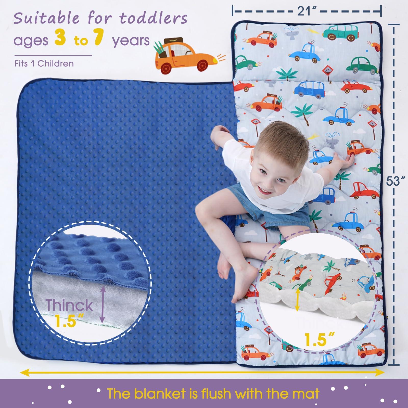 BORPRES Nap Mat with Pillow Blanket Set: Cars Sleeping Mats for Toddler Kids - Thick Large Roll up Slumber Bag for Daycare Preschool Kindergarten Boys Girls