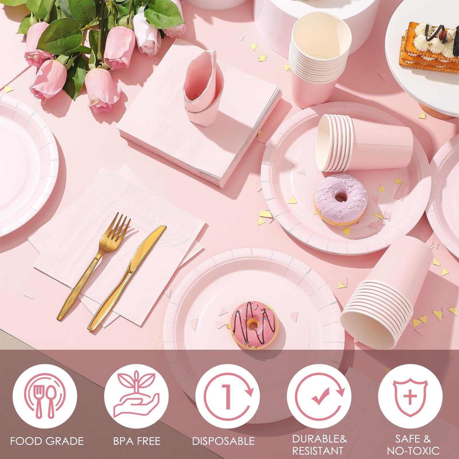 Hushee Hushee 200 Pcs Pink Party Supplies Set Pink Paper Plate and Napkins Serves 50 Guests Pink Disposable Plates Napkins Cups for Baby Shower Decorations for Girl, Pink Party Decorations