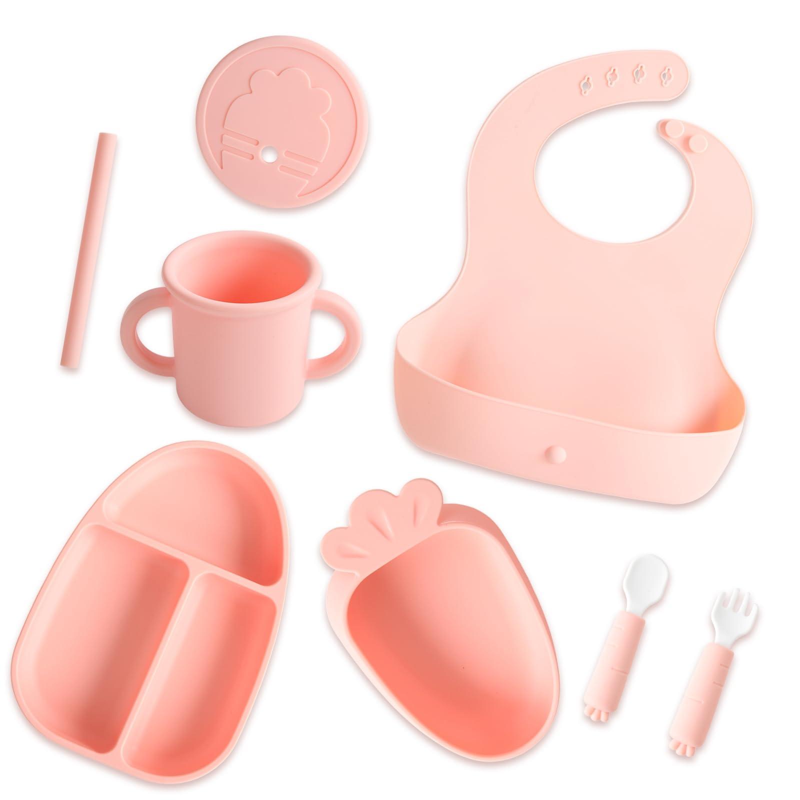 EuChoiz EuChoiz Silicone Baby Feeding Set, Baby Led Weaning Supplies with Suction Bowl Divided Plate, Toddler Self Feeding Dish Set with Bib and Plate, Spoon and Fork, Sippy Cup and Lid Cute Carrot Pink