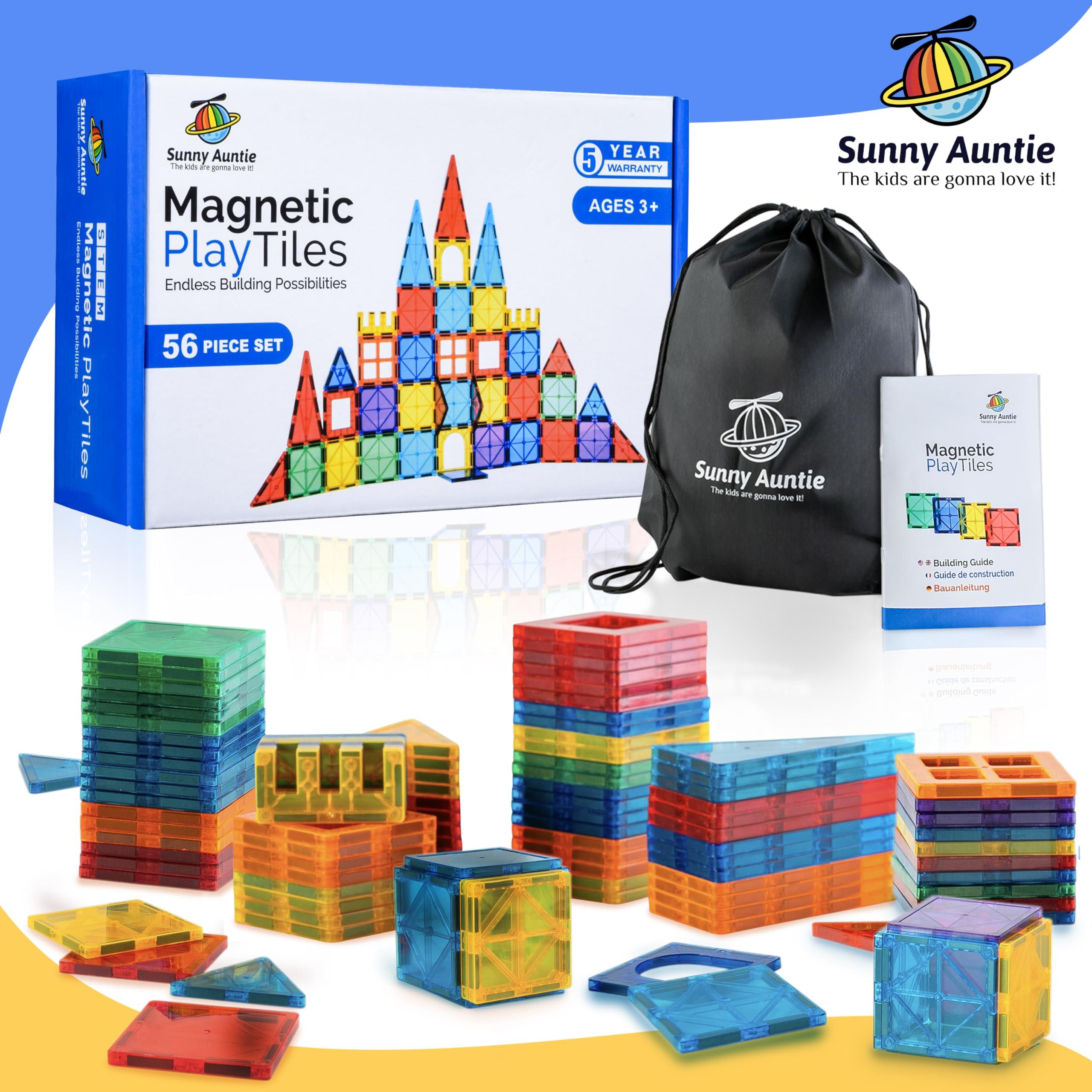 SUNNY AUNTIE Magnetic Tiles 56 PCS, Magnetic Tiles for Kids & Toddlers Ages 3-8, Magnetic Toy for 3 4 5 6 7 8 Year Old Boys Girls Kids & Toddlers Magnetic Blocks Building Set STEM Toy, Great Gift for Kids aged 3-8