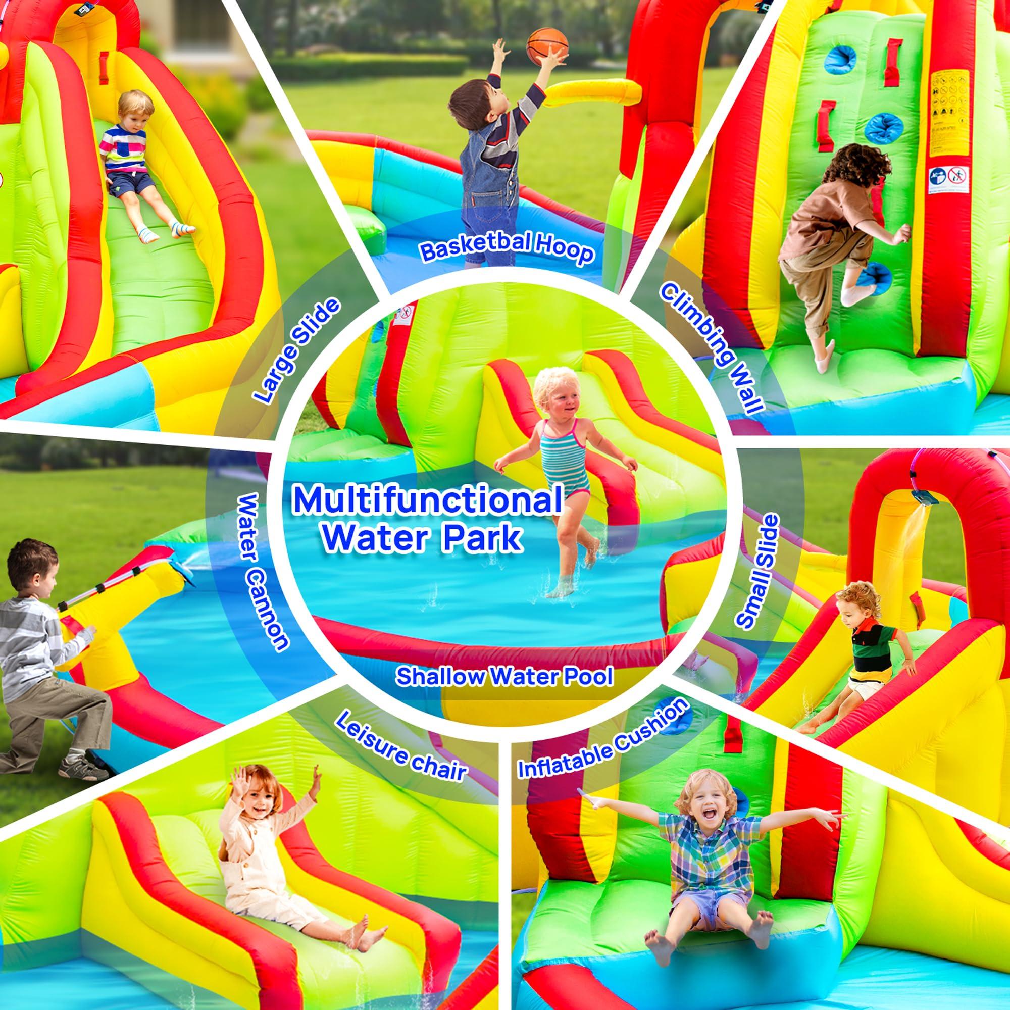 WELLFUNTIME WELLFUNTIME Inflatable Water Park with Blower, Dual Water Slide, Climbing Wall, Water Gun, Splash Pool, Lounge and Basketball Hoop